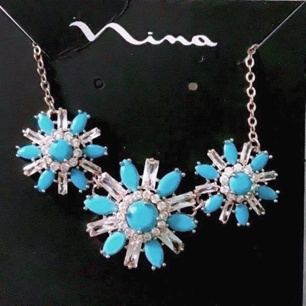 Nina Geo Floral Necklace About 19.5 Gold White CZ Turquoise Blue Women Jewelry